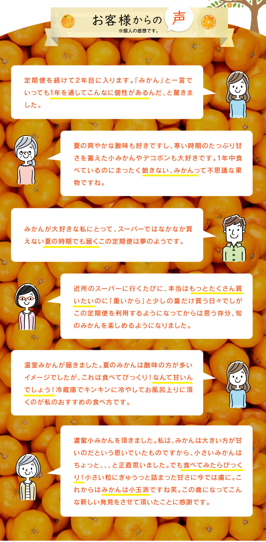 お客様からの声：「定期便を続けて2年目に入ります。『みかん』と一言でいっても1年を通してこんなに個性があるんだ、と驚きました」、「夏の莢やかな酸味も好きですし、寒い時期のたっぷり甘さを蓄えた小みかんやデコポンも大好きです。1年中食べているのにまったく飽きない、みかんって不思議な果物ですね。」、「みかんが大好きな私にとって、スーパーではなかなか買えない夏の時期でも届くこの定期便は梅のようです。」、「近所のスーパーに行くたびに、本当はもっとたくさん買いたいのに『重いから』と少しの量だけ買う日々でしがこの定期便を利用するようになってからは思う存分、旬のみかんを楽しめるようになりました。」、「温室みかんが届きました。夏のみかんは酸味の方が多いイメージでしたが、これは食べてびっくり！なんて甘いんでしょう！冷蔵庫でキンキンに冷やしてお風呂上りに頂くのが私のおすすめの食べ方です。」、「濃密小みかんをいただきました。私は、みかんは大きい方が甘いのだという思いでいたものですから、小さいみかんは超っと、、、と正直思いました。でも食べてみたらびっくり！小さい粒にぎゅうっと詰まった甘さに今では虜に。これからはみかんは小玉派ですね笑。この歳になってこんな新しい発見をさせて頂いたことに感謝です。」