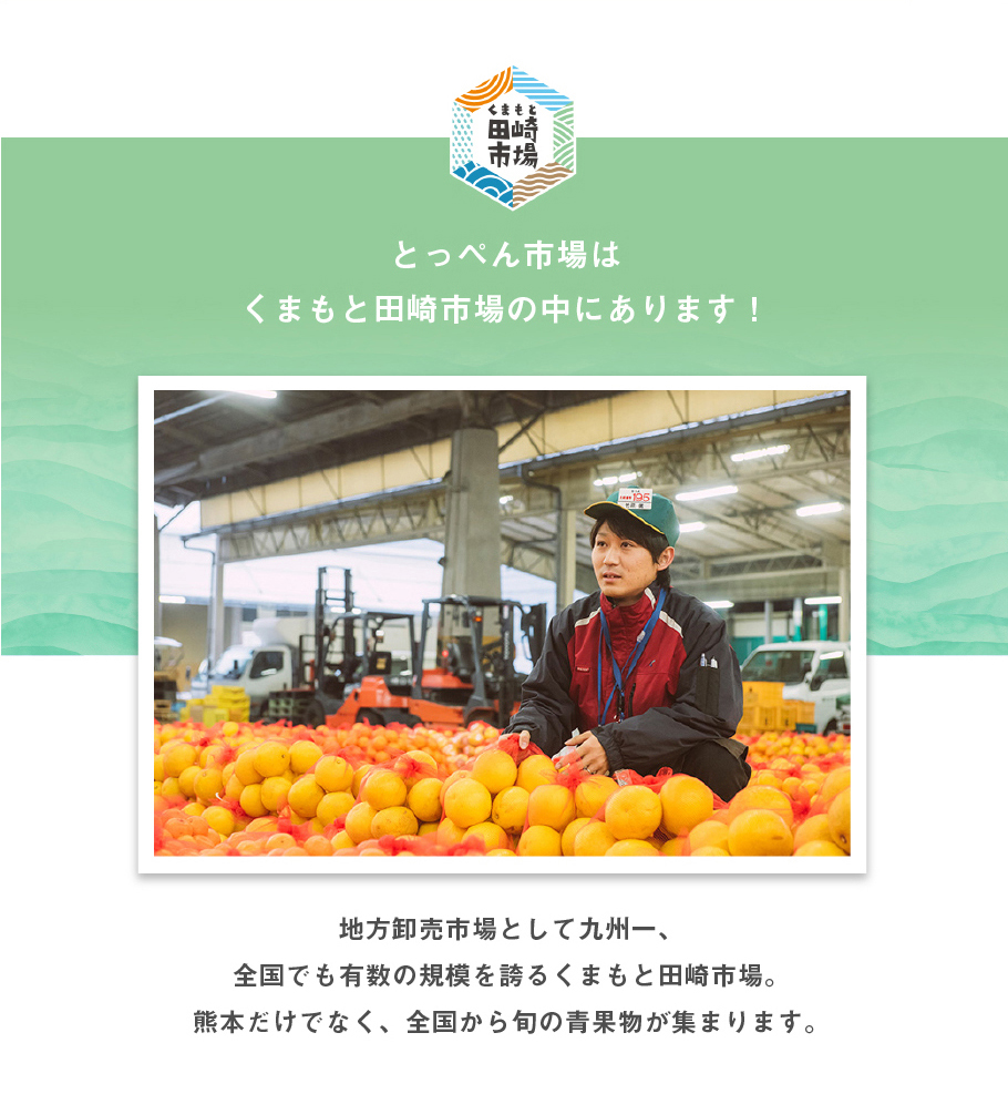 とっぺん市場はくまもと田崎市場の中にあります！地方御売市場として九州一、全国でも有数の規模を誇るくまもと田崎市場。熊本だけではなく、全国から旬の青果物が集まります。