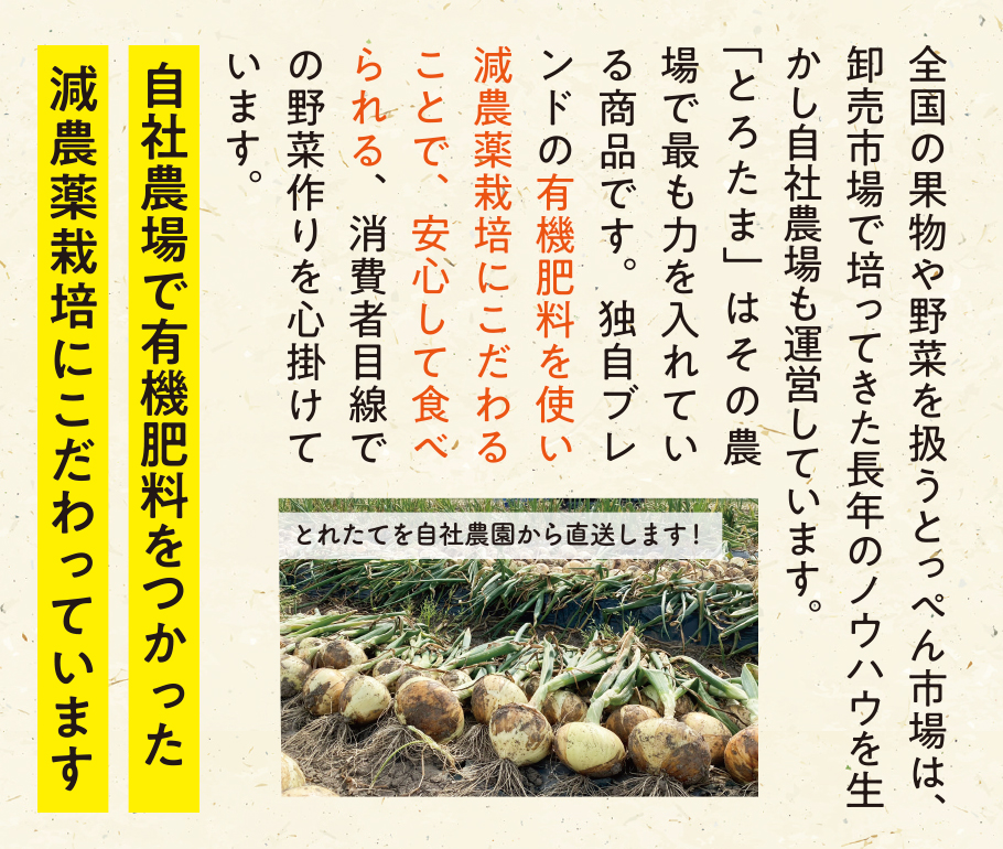 有機肥料をつかった減農薬栽培にこだわっています！全国の果物や野菜を扱うとっぺん市場は、卸売市場で培ってきた長年のノウハウを生かし自社農場も運営しています。塩たまねぎ「とろたま」はその農場で最も力をいれている商品です。独自ブレンドの有機肥料を使い減農薬栽培にこだわることで、安心して食べられる、消費者目線での野菜作りを心掛けています。