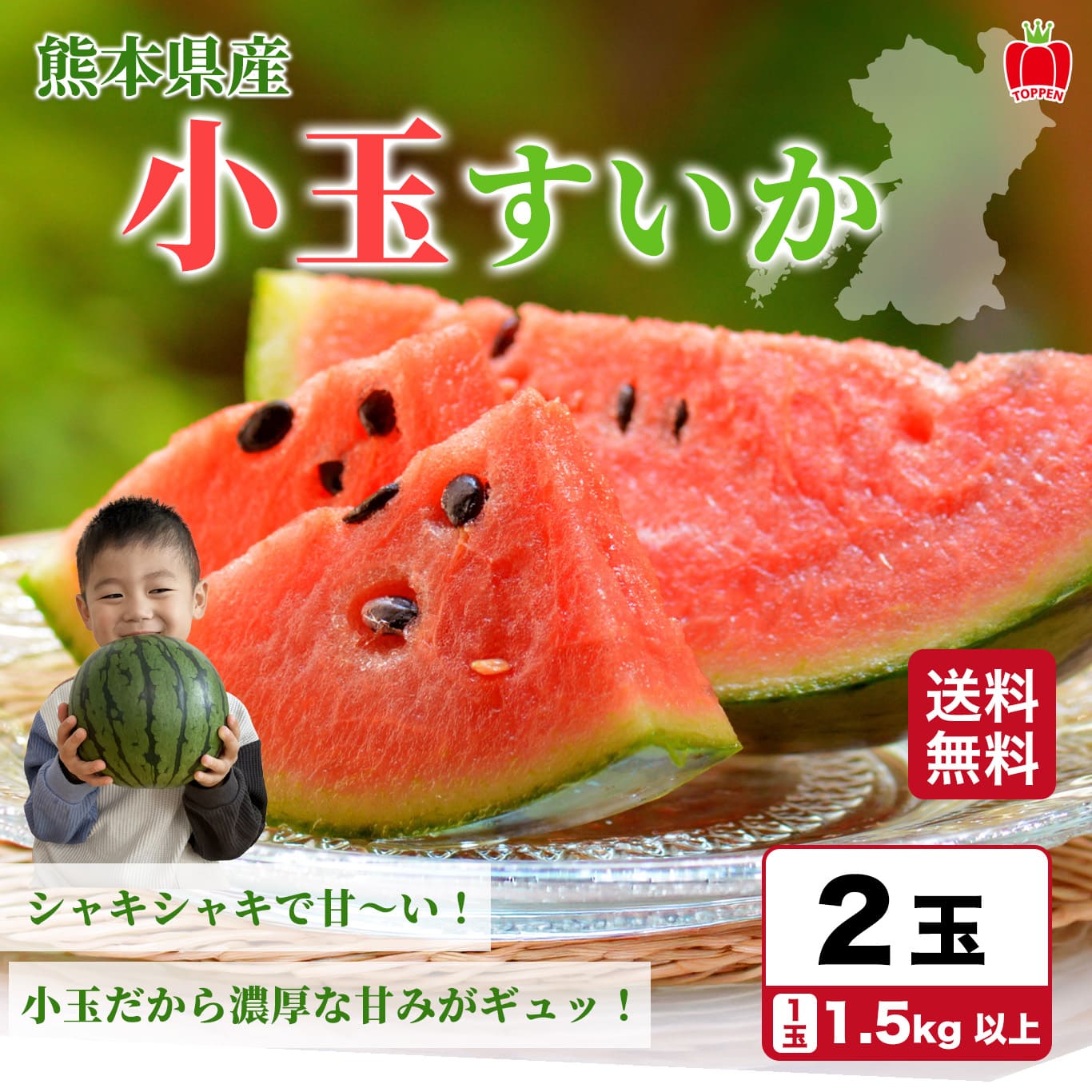 熊本県産 小玉すいか 2玉（1玉：1.5kg以上）【送料無料】 - 少人数家族