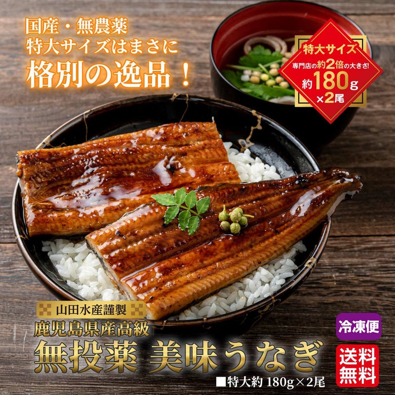 山田水産謹製　鹿児島高級 無投薬美味うなぎ （特大約180g×2尾入り）【送料無料】≪冷凍便≫