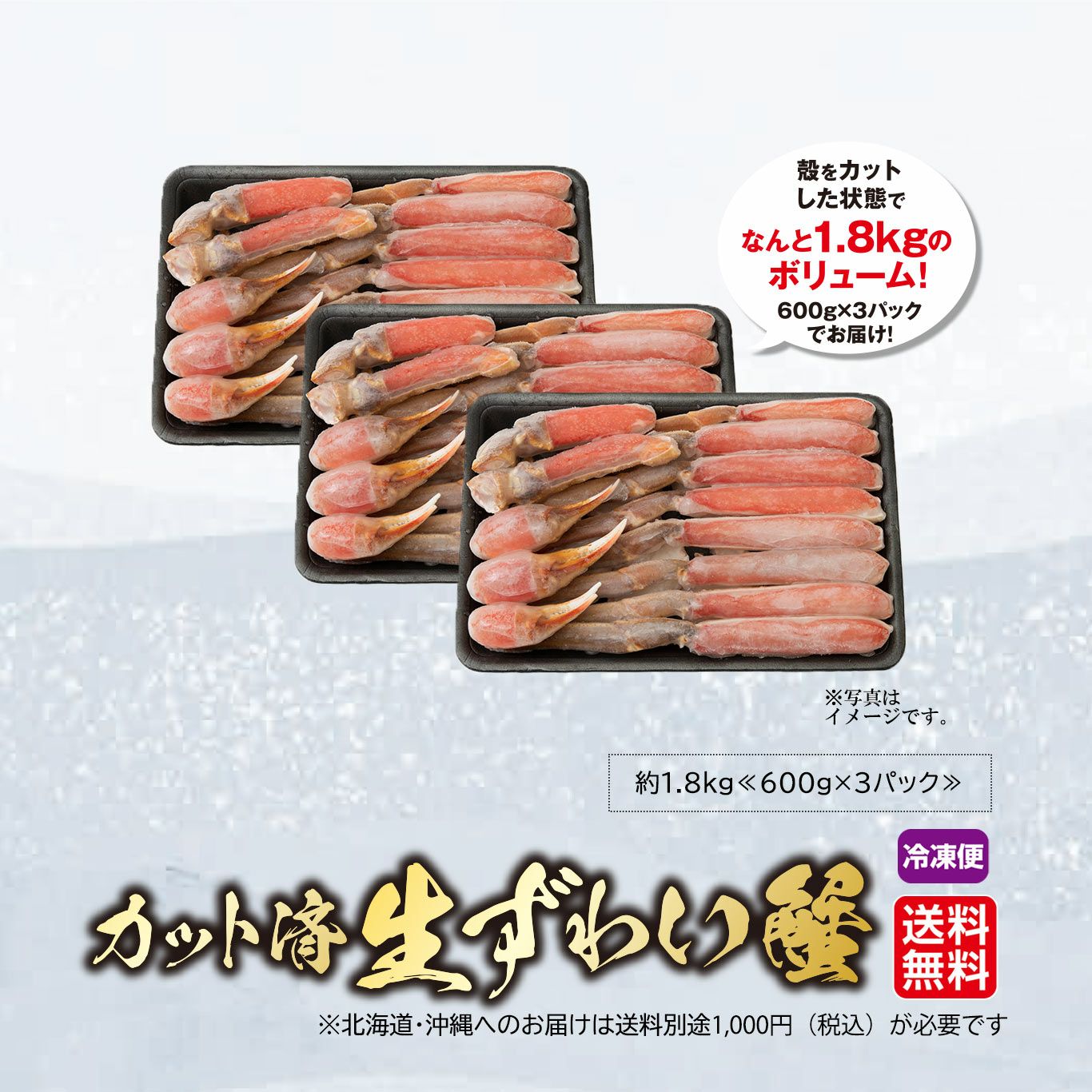 カット済 生ずわい蟹≪1.8㎏／600g×3パック）【送料無料】≪冷凍便