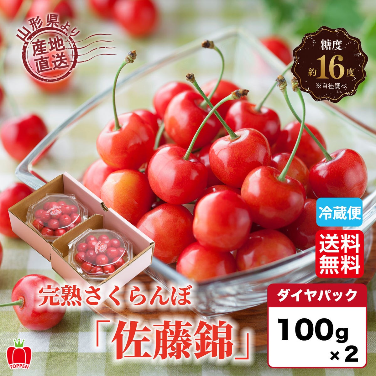 山形県産直！完熟さくらんぼ「佐藤錦」ダイヤパック（100ｇ×２パック）【送料無料】