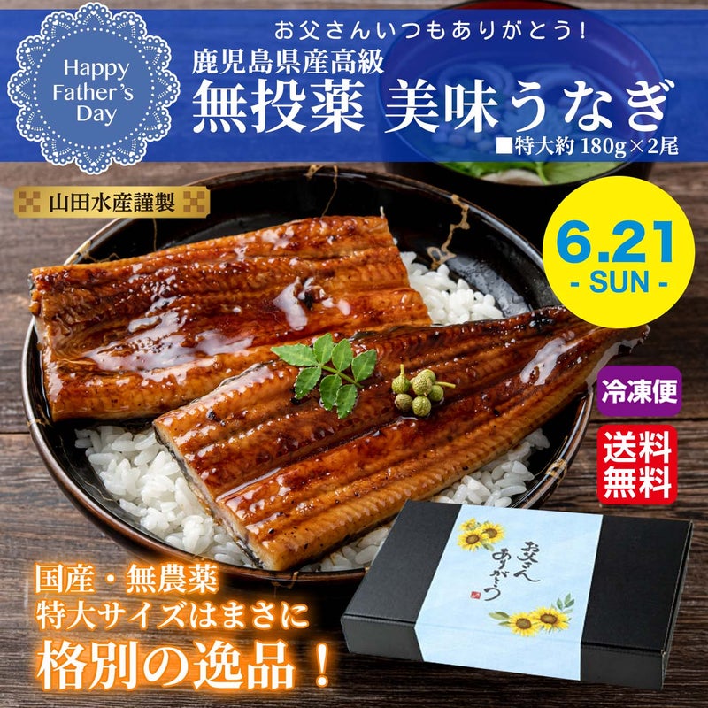 ≪2026年父の日ギフト≫山田水産謹製　鹿児島高級 無投薬美味うなぎ （特大約180g×2尾入り）【送料無料】≪冷凍便≫