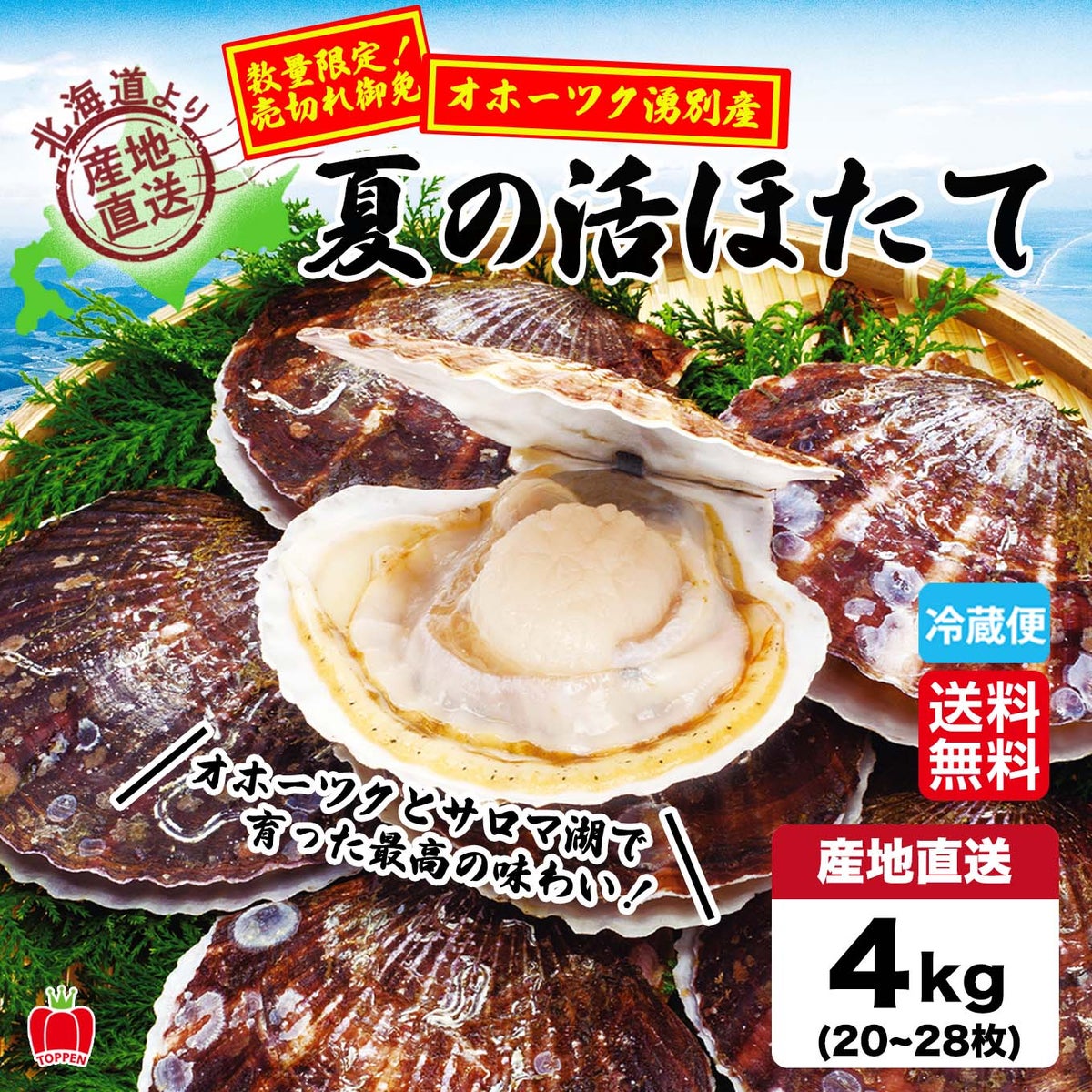 北海道産直！　オホーツク湧別産 夏の活ほたて　（約4㎏/1箱：20～28枚入り）【送料無料】≪産地直送のため他の商品と同梱できません≫