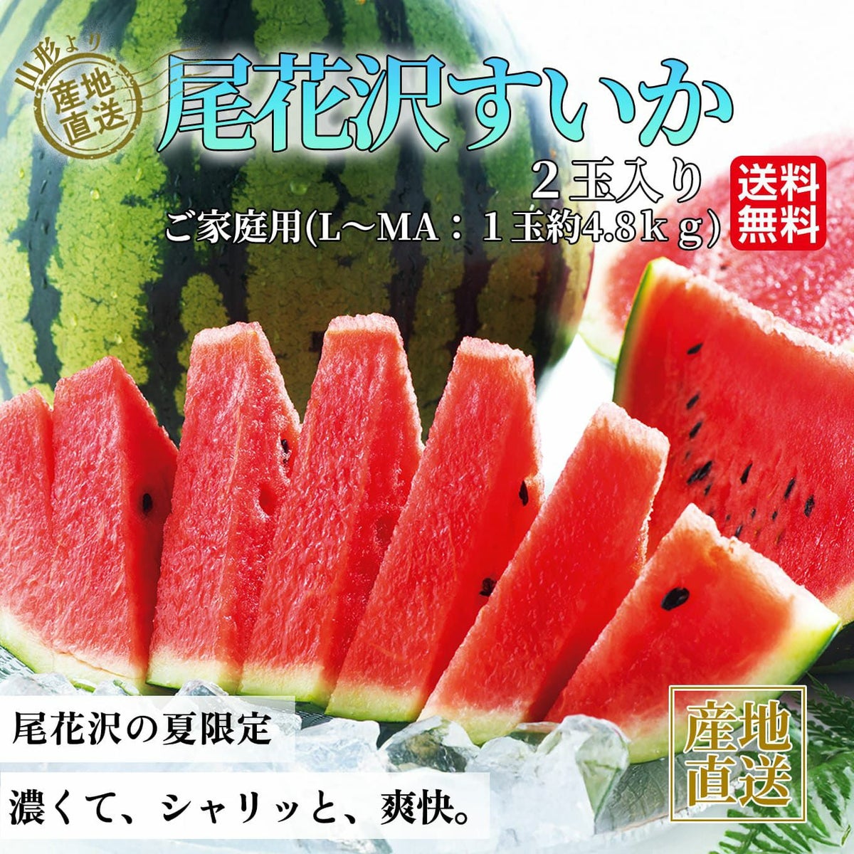 ご家庭用　尾花沢すいか（２玉：1玉／約4.8㎏以上）【送料無料】