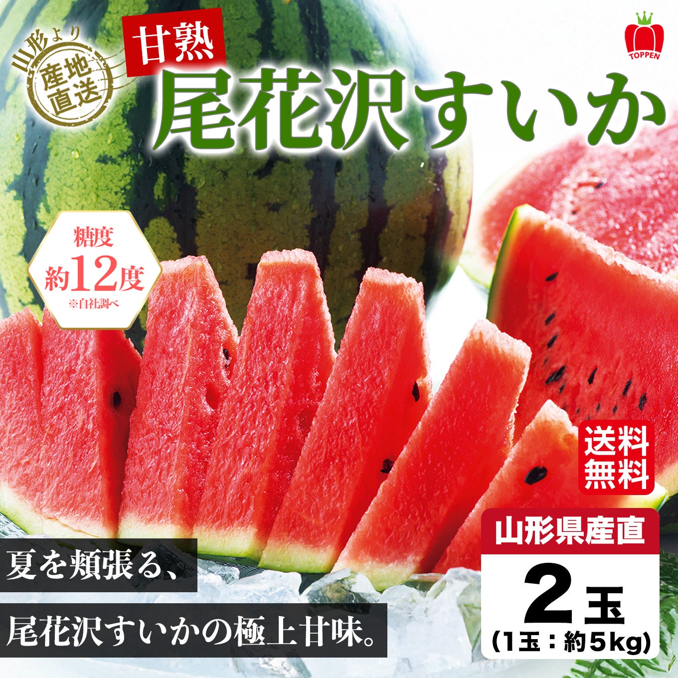 山形県産直 甘熟 尾花沢すいか 2玉（1玉：約5kg）【送料無料